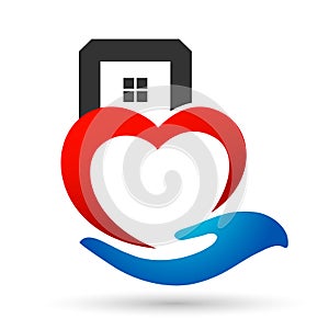 Heart love hand home house with care icon logo illustrations