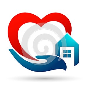 Heart love hand home house with care icon logo illustrations