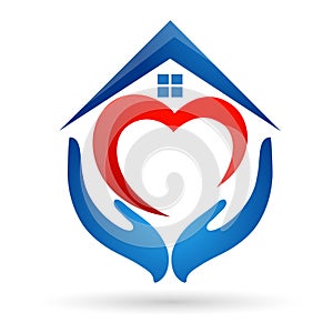 Heart love hand home house with care roof window icon logo illustrations