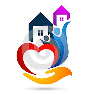 Heart love hand home house real estate with care icon logo illustrations