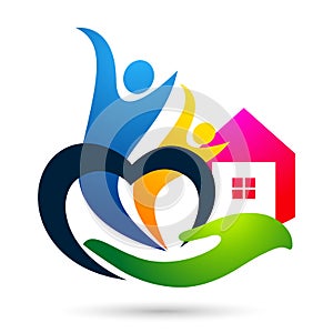 Heart love hand home house real estate with care icon logo illustrations