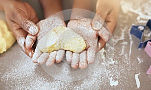 Heart, love with hands and bake with dough, teaching and learning baking skill, parent and child together making cookies