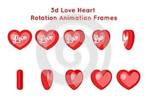 Heart love valentine day 3d rotation animation frames isolated icons set flat design vector illustration