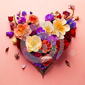 heart made of blooming flowers. generative AI photo