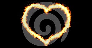 Heart made by burning flames flowing on black background with fire particles, holiday valentine day and love