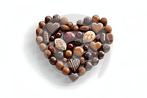 Heart made of chocolates and pralines. White isolated background. Heart as a symbol of affection and love