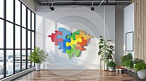 A heart made of colorful puzzles on the wall of a clinic for people with autism and ADHD.