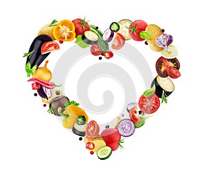 Heart made of different vegetables, isolated on white background, healthy vegetable concept