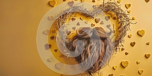 heart made of dry twigs with a mustache and beard for Father's Day on a yellow background, banner, copy space