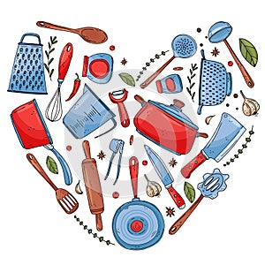 Heart made of elements with hand drawn kitchen tools isolate on a white background