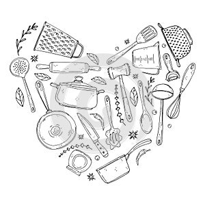 Heart made of elements with handdrawn kitchenware on isolate on a white background