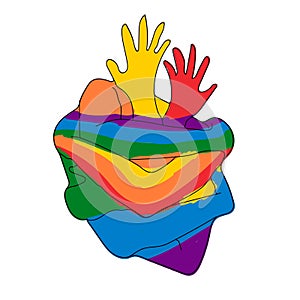 A heart made of embracing hands. Painted in the LGBT flag,
