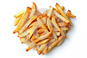 Heart made of French fries on a white background. The concept of love for fast food and fatty foods. Junk food