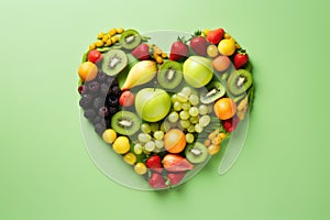 Heart made of fresh fruits and berries on green background, top view
