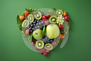 Heart made of fresh fruits and berries on green background, top view