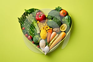Heart made of fresh vegetables on green background, top view, copy space