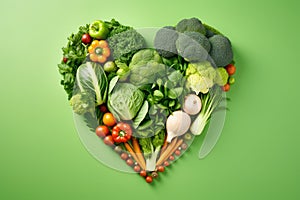 Heart made of fresh vegetables on green background, top view. Healthy food concept