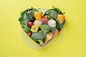 Heart made of fresh vegetables on yellow background, top view, copy space