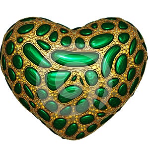 Heart made of golden shining metallic 3D with green glass isolated on white background.