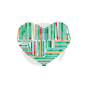 Heart made of green, blue and red books. Isolated on white background.