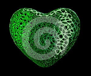 Heart made of green plastic with abstract holes isolated on black background. 3d