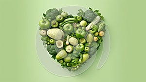 Heart made of green vegetables on green background. Healthy food concept