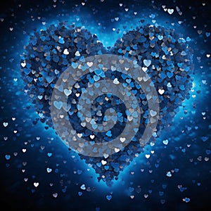 Heart made of hundreds of tiny blue hearts and a light blue light on a dark background. Heart as a s of affection and love