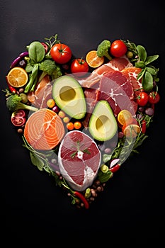 Heart made of keto food on a dark background. Selective focus.