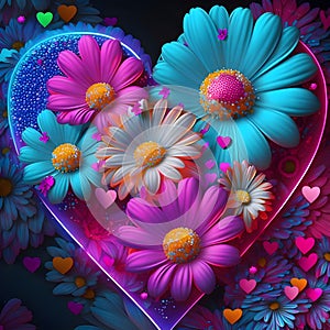 Heart made of large colorful flowers. Petals. Heart as a symbol of affection and