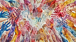 a heart made of people\'s hands, in the style of colorful waterco