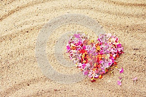 Heart made of pink petals of tropical flowers on the sand, close-up, top view.