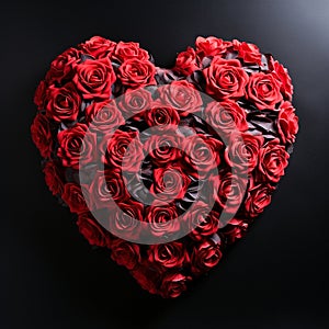 Heart made of red roses on black background. Valentines day background.