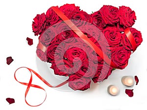 Heart Made Red Roses bouquet red ribbon figure 8 petals two candles Isolated White Background.