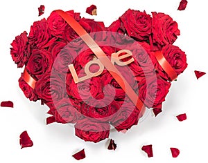 Heart Made Red Roses bouquet Red ribbon Text Love Petals Isolated White Background.