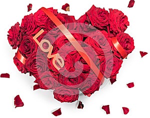 Heart Made Red Roses bouquet Red ribbon Text Love Petals Isolated White Background.