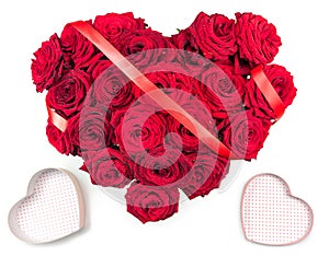 Heart Made of Red Roses bouquet red ribbon and two hearts boxes Isolated on White Background.