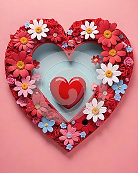 Heart made of red and white flowers on pink background.