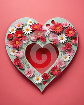 Heart made of red and white flowers on pink background.