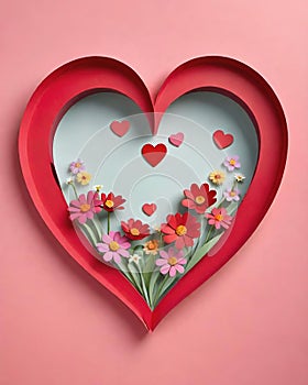 Heart made of red and white flowers on pink background.