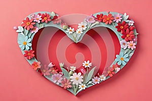 Heart made of red and white flowers on pink background.
