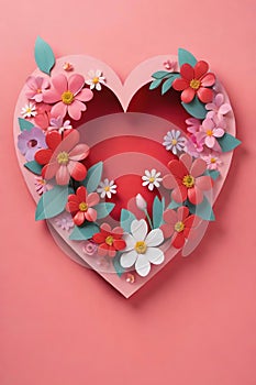 Heart made of red and white flowers on pink background.