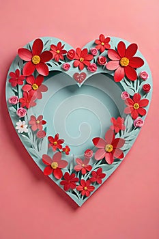 Heart made of red and white flowers on pink background.