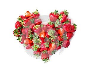 Heart made of ripe red strawberries on white background