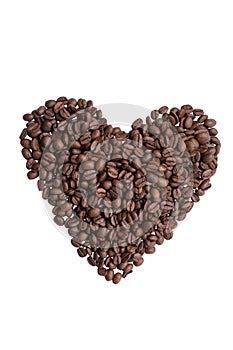 Heart made from roasted coffee beans. Isolated white background