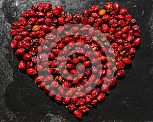 Heart made of rose hips on a baking sheet metal background. heart of red rosehip berries