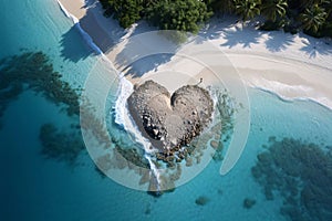 A heart made of sand on the beach, view from a drone. Heart as a symbol of affection and love