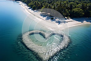 A heart made of stones covered with water on the beach, view from a drone. Heart as a symbol of affection and love