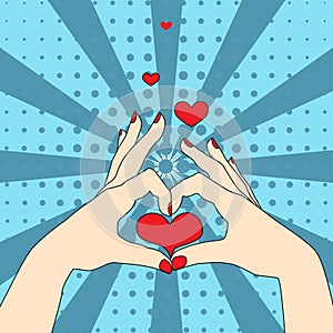 Heart Made of Two Human Hands in Pop Art Style