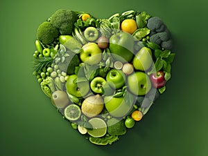 Heart made of various green vegetables and fruits isolated on green background. Green heart as a green life concept and healthy