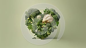 Heart made of vegetables on a green background. Concept of healthy eating